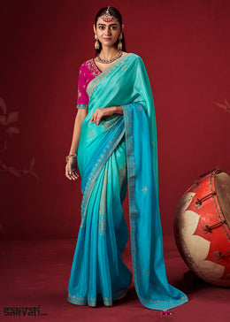 Arctic Blue & Turquoise Blue Dola Crepe Silk Saree with Intricate Zari Weaving