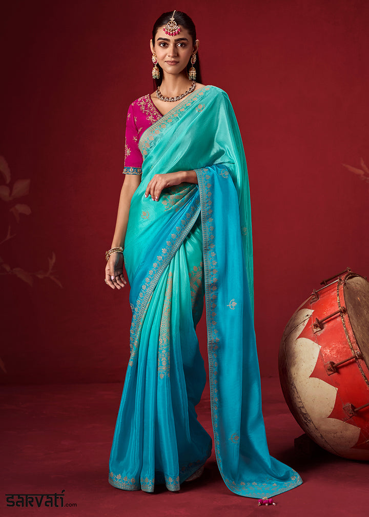 Arctic Blue & Turquoise Blue Dola Crepe Silk Saree with Intricate Zari Weaving