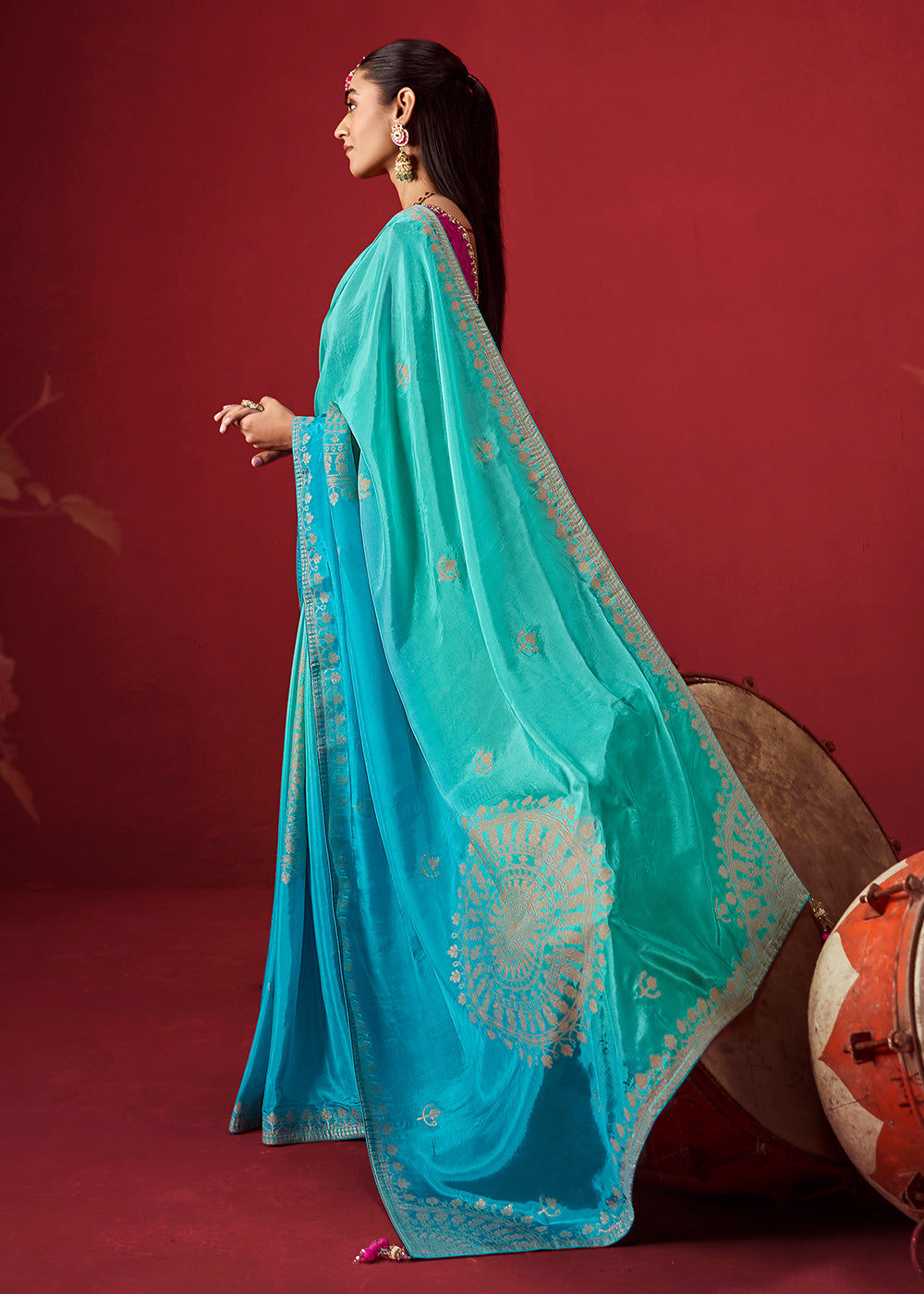 Arctic Blue & Turquoise Blue Dola Crepe Silk Saree with Intricate Zari Weaving
