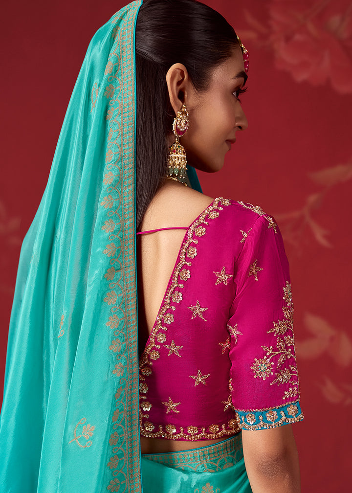Arctic Blue & Turquoise Blue Dola Crepe Silk Saree with Intricate Zari Weaving