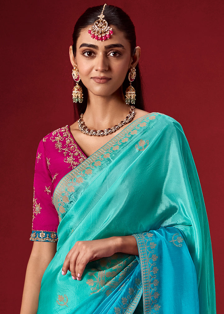 Arctic Blue & Turquoise Blue Dola Crepe Silk Saree with Intricate Zari Weaving
