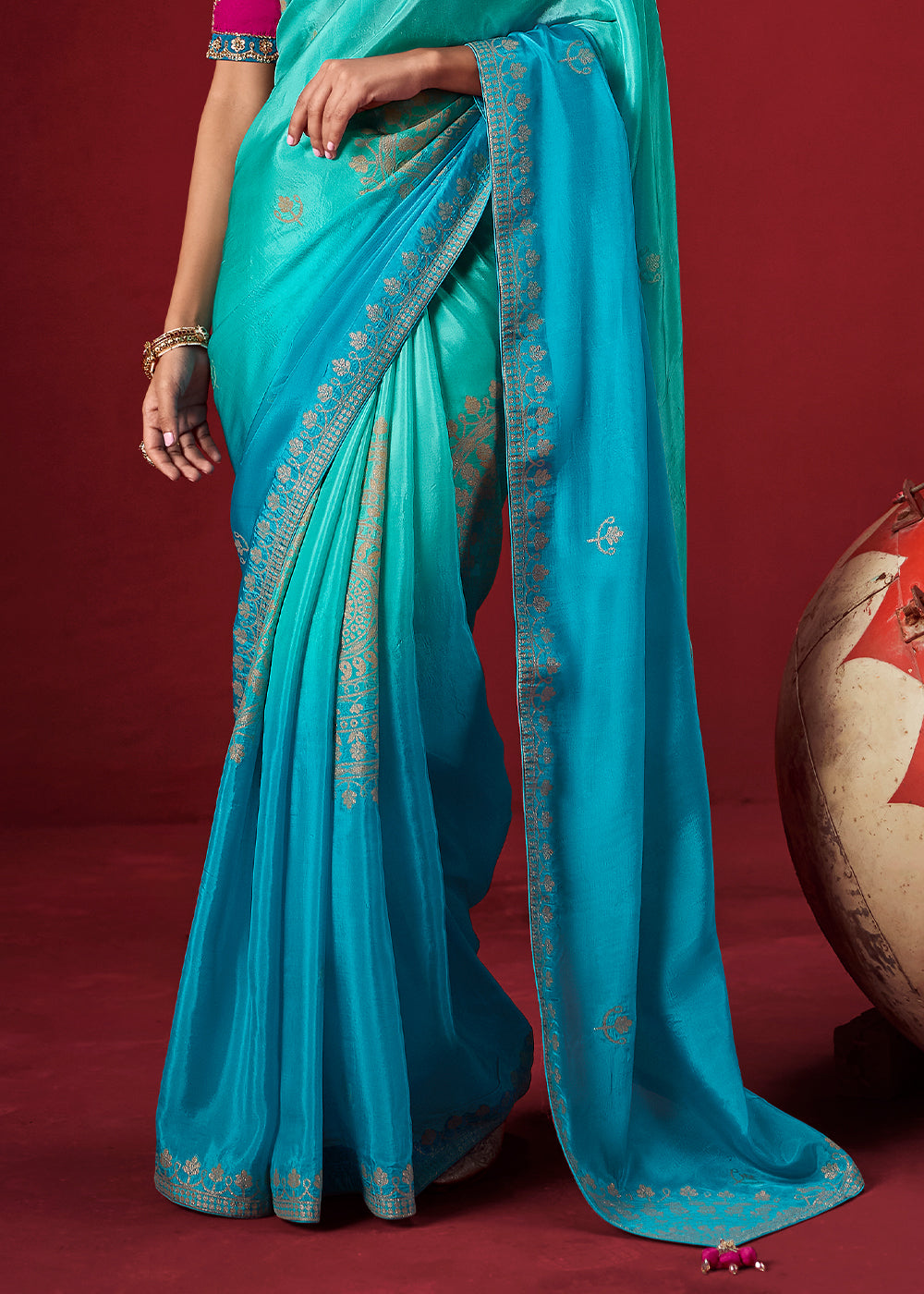 Arctic Blue & Turquoise Blue Dola Crepe Silk Saree with Intricate Zari Weaving