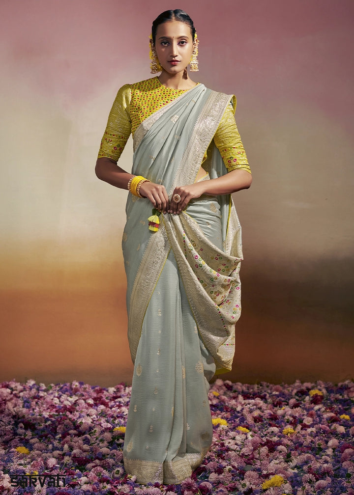 Ice Blue Zari Woven Dola Silk Saree with Meenakari Pallu