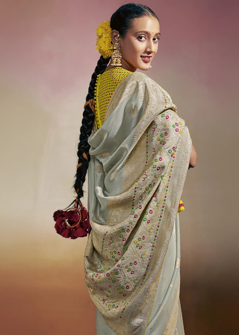 Ice Blue Zari Woven Dola Silk Saree with Meenakari Pallu