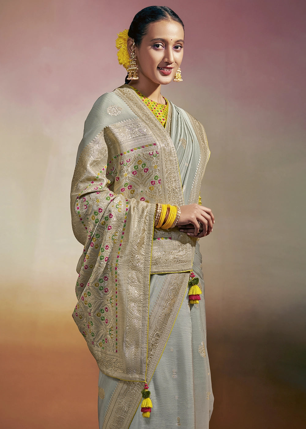 Ice Blue Zari Woven Dola Silk Saree with Meenakari Pallu