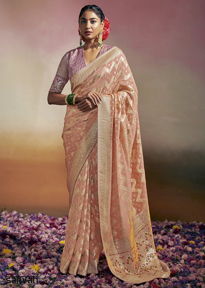 Peach Pink Zari Woven Dola Silk Saree with Meenakari Pallu