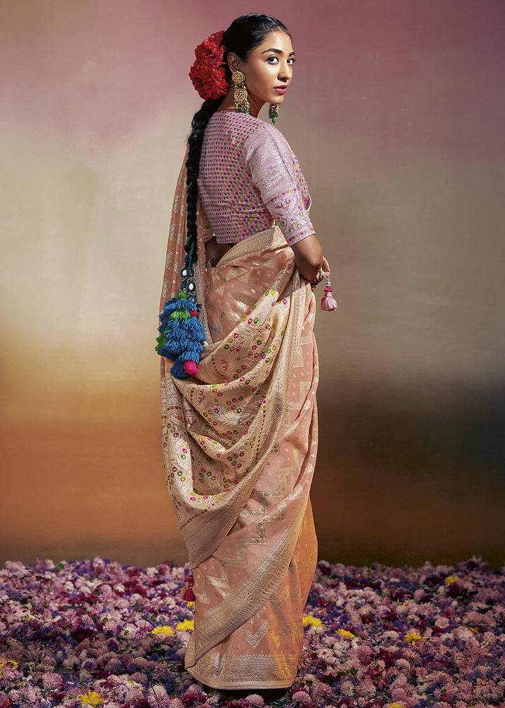 Peach Pink Zari Woven Dola Silk Saree with Meenakari Pallu