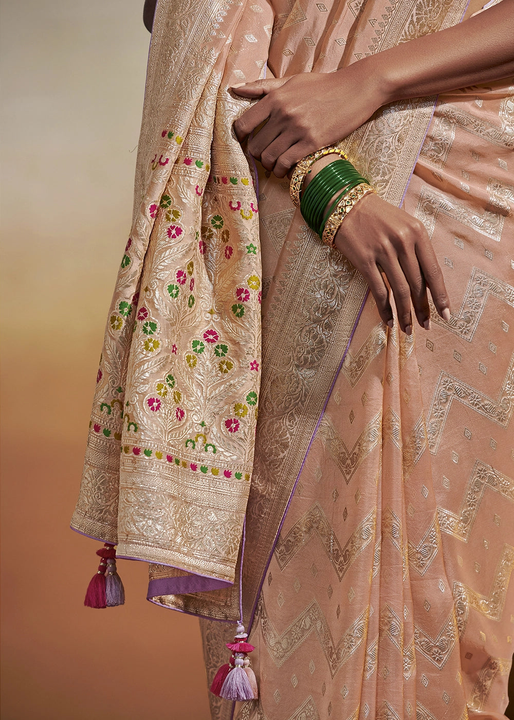 Peach Pink Zari Woven Dola Silk Saree with Meenakari Pallu
