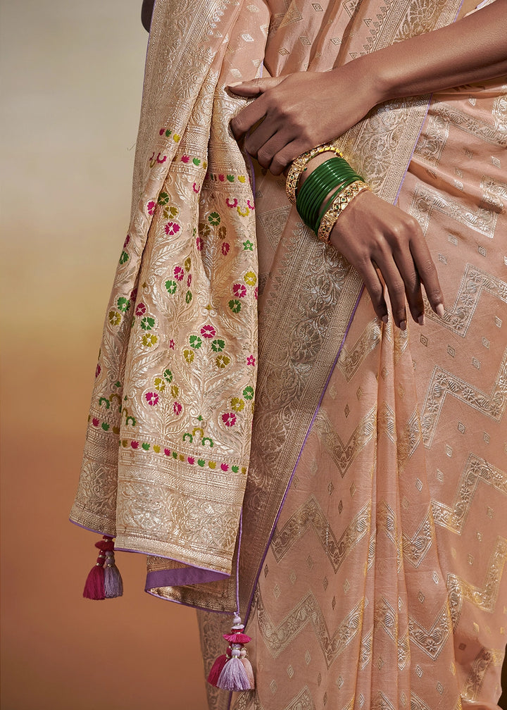 Peach Pink Zari Woven Dola Silk Saree with Meenakari Pallu