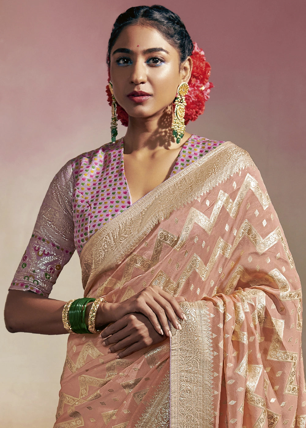 Peach Pink Zari Woven Dola Silk Saree with Meenakari Pallu