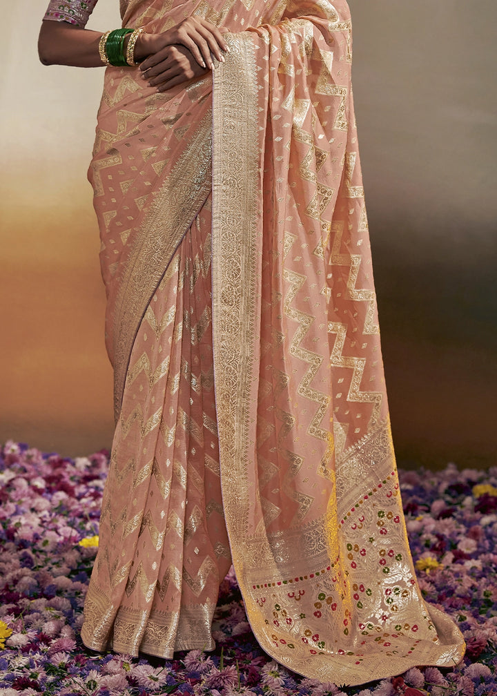 Peach Pink Zari Woven Dola Silk Saree with Meenakari Pallu