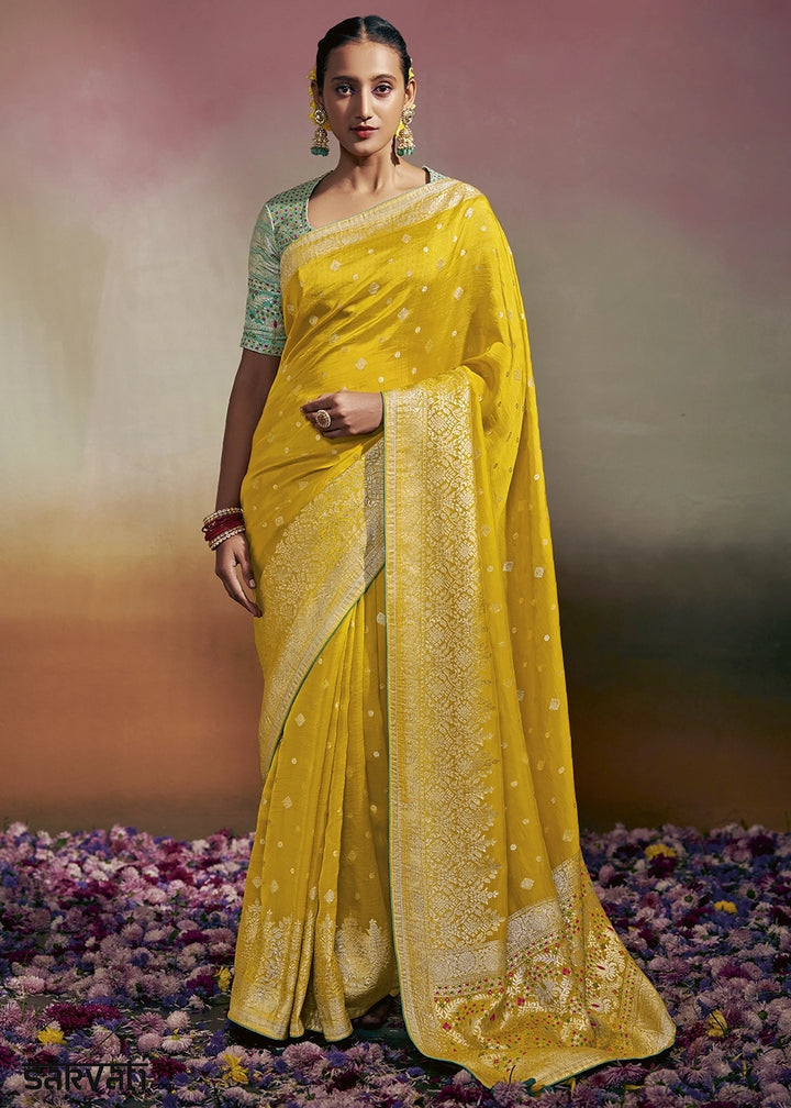 Saffron Yellow Zari Woven Dola Silk Saree with Meenakari Pallu