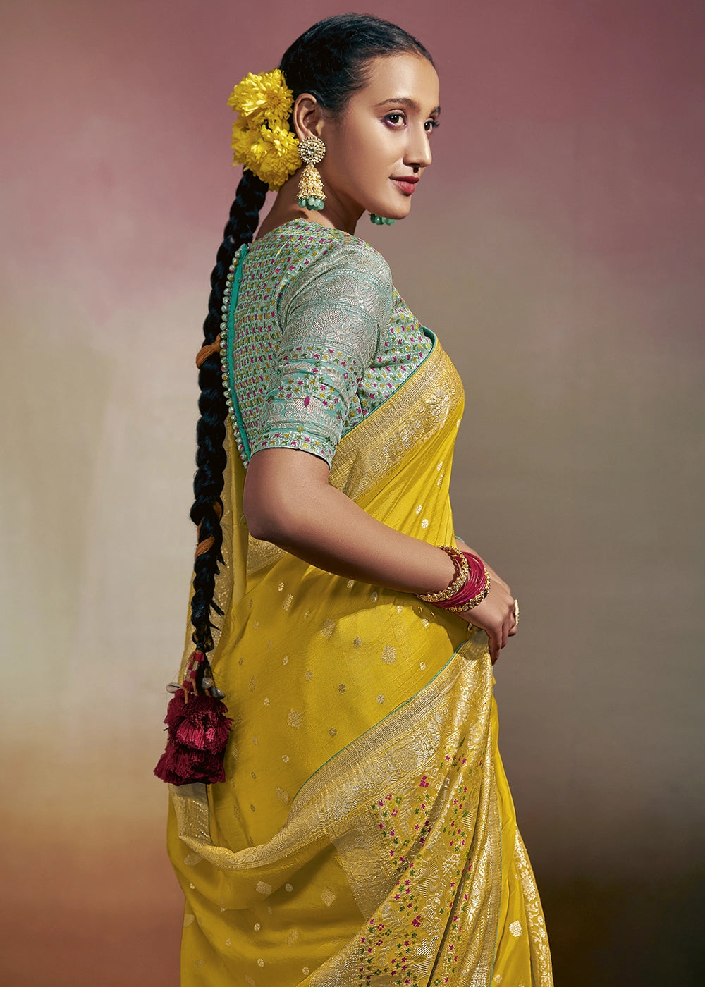 Saffron Yellow Zari Woven Dola Silk Saree with Meenakari Pallu