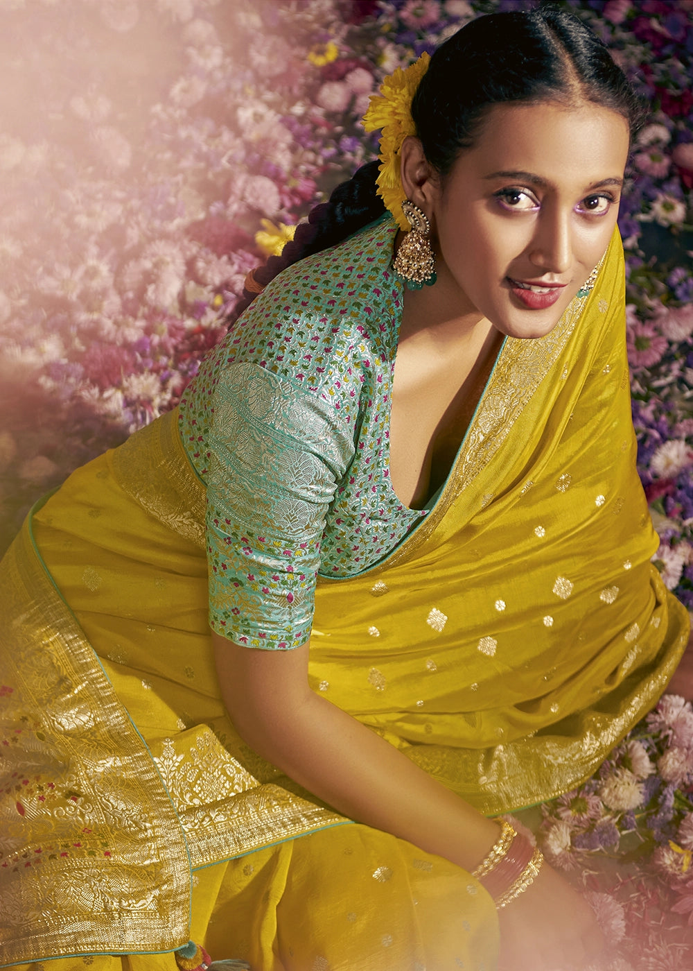 Saffron Yellow Zari Woven Dola Silk Saree with Meenakari Pallu