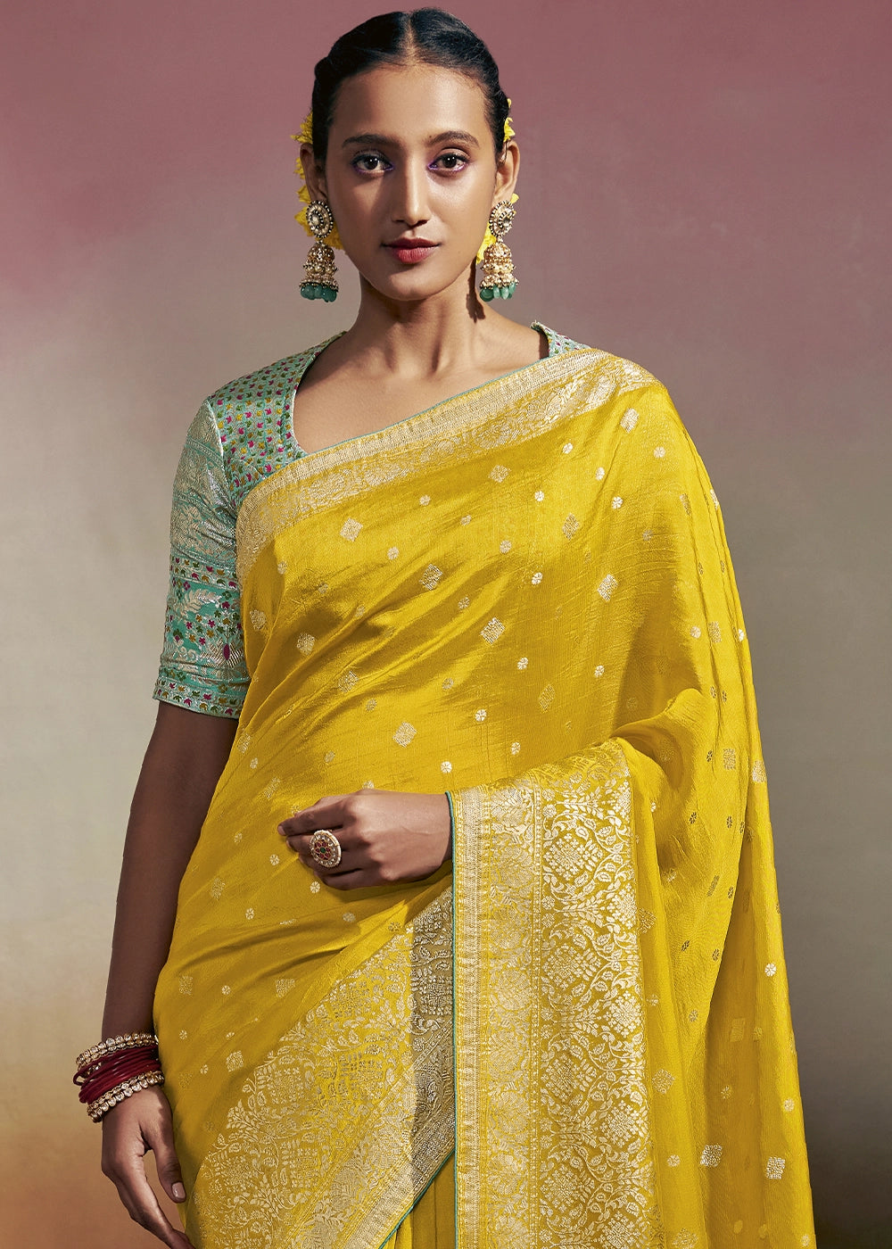 Saffron Yellow Zari Woven Dola Silk Saree with Meenakari Pallu