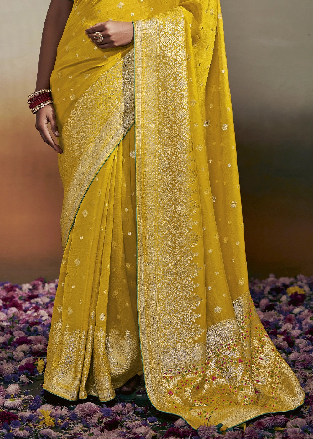 Saffron Yellow Zari Woven Dola Silk Saree with Meenakari Pallu