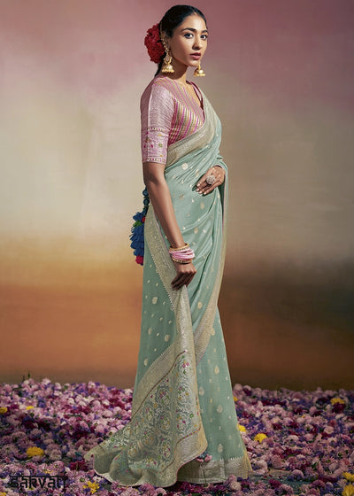Pale Blue Zari Woven Dola Silk Saree with Meenakari Pallu