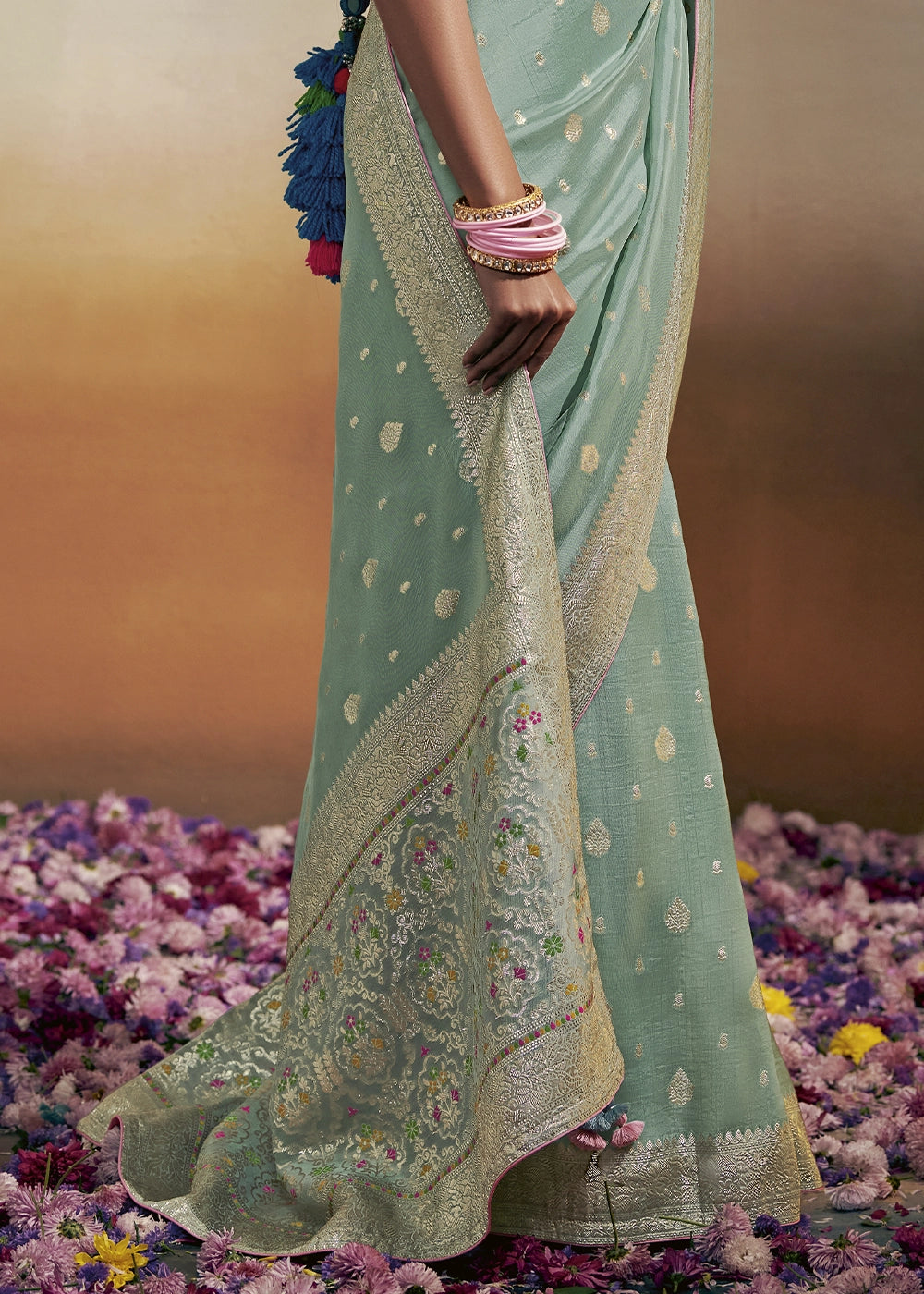 Pale Blue Zari Woven Dola Silk Saree with Meenakari Pallu