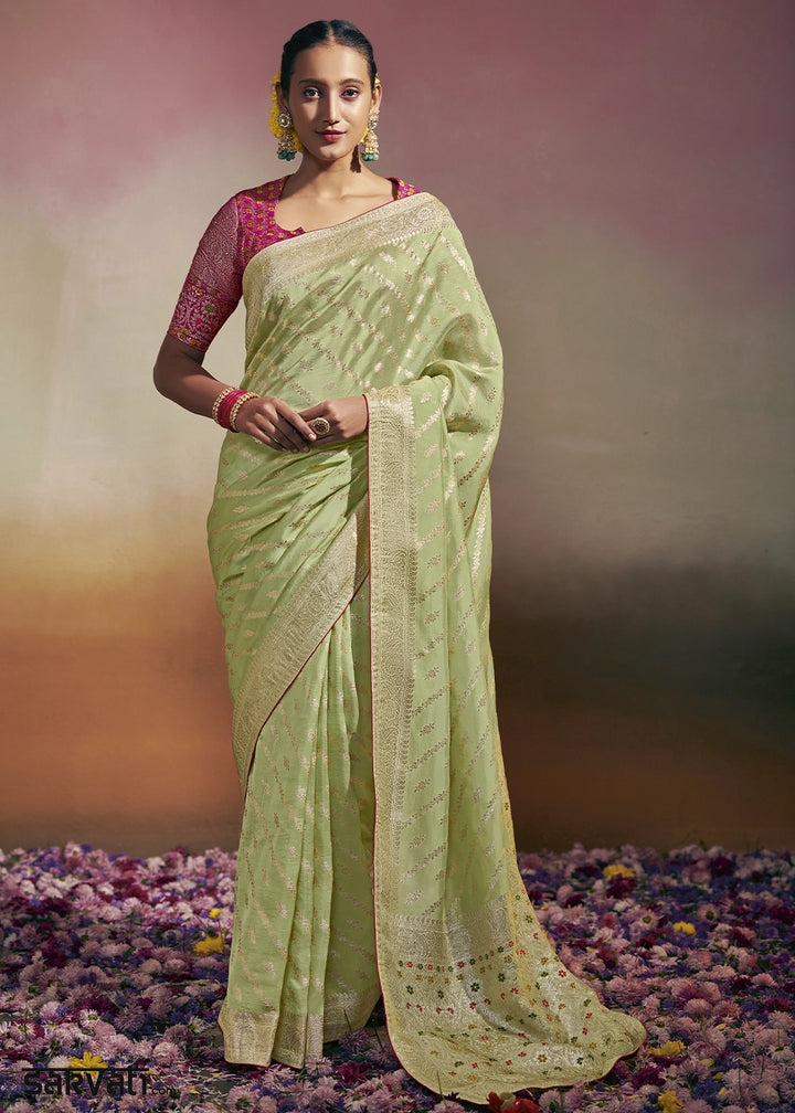 Tea Green Zari Woven Dola Silk Saree with Meenakari Pallu