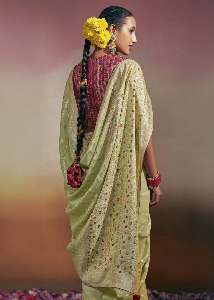 Tea Green Zari Woven Dola Silk Saree with Meenakari Pallu