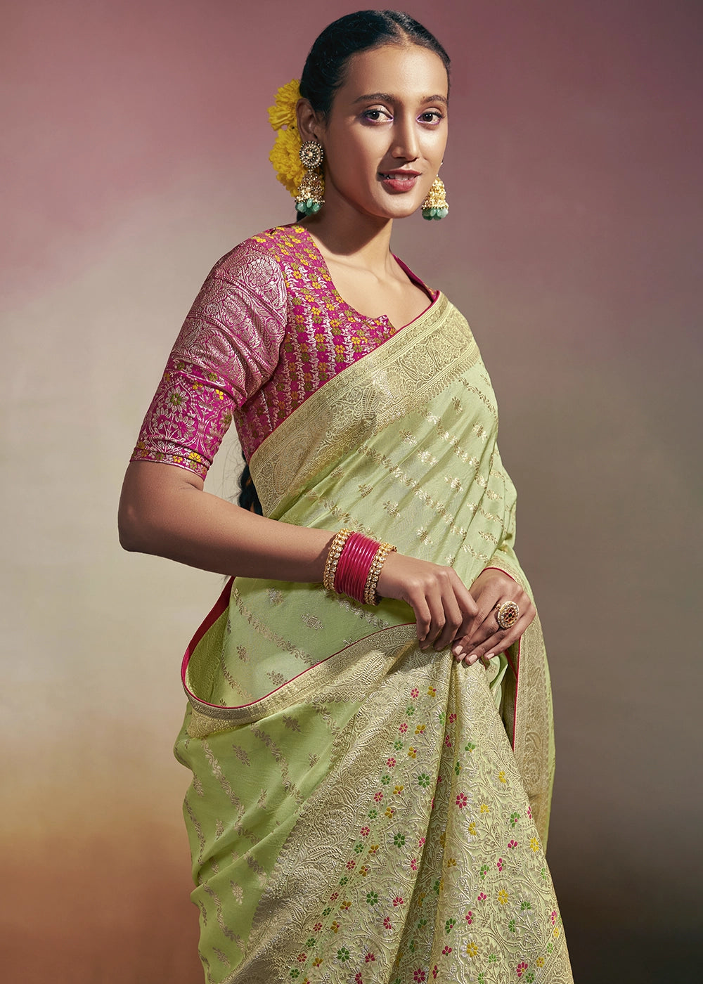 Tea Green Zari Woven Dola Silk Saree with Meenakari Pallu