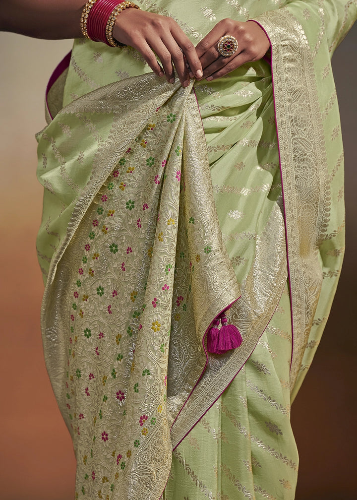 Tea Green Zari Woven Dola Silk Saree with Meenakari Pallu