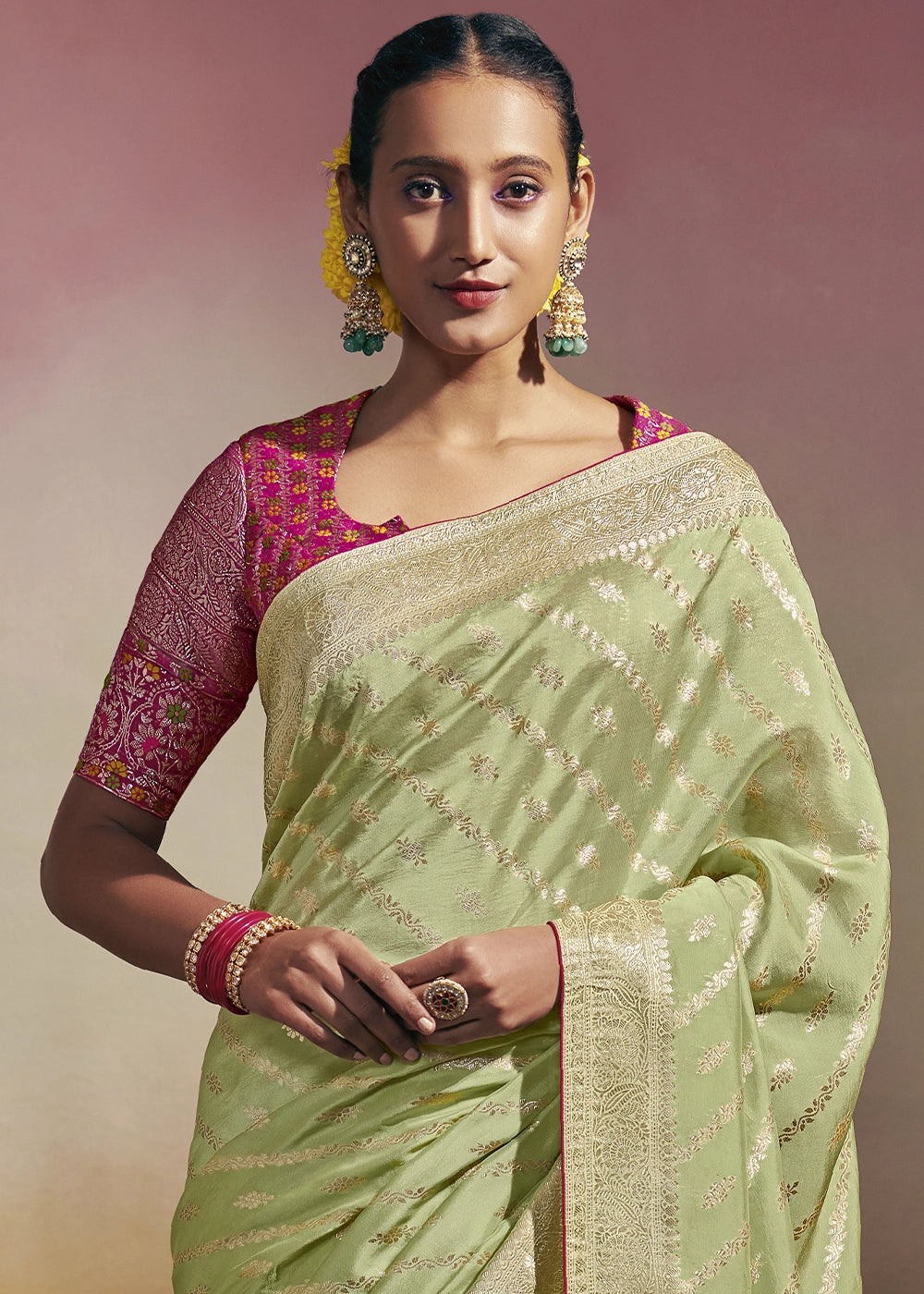 Tea Green Zari Woven Dola Silk Saree with Meenakari Pallu