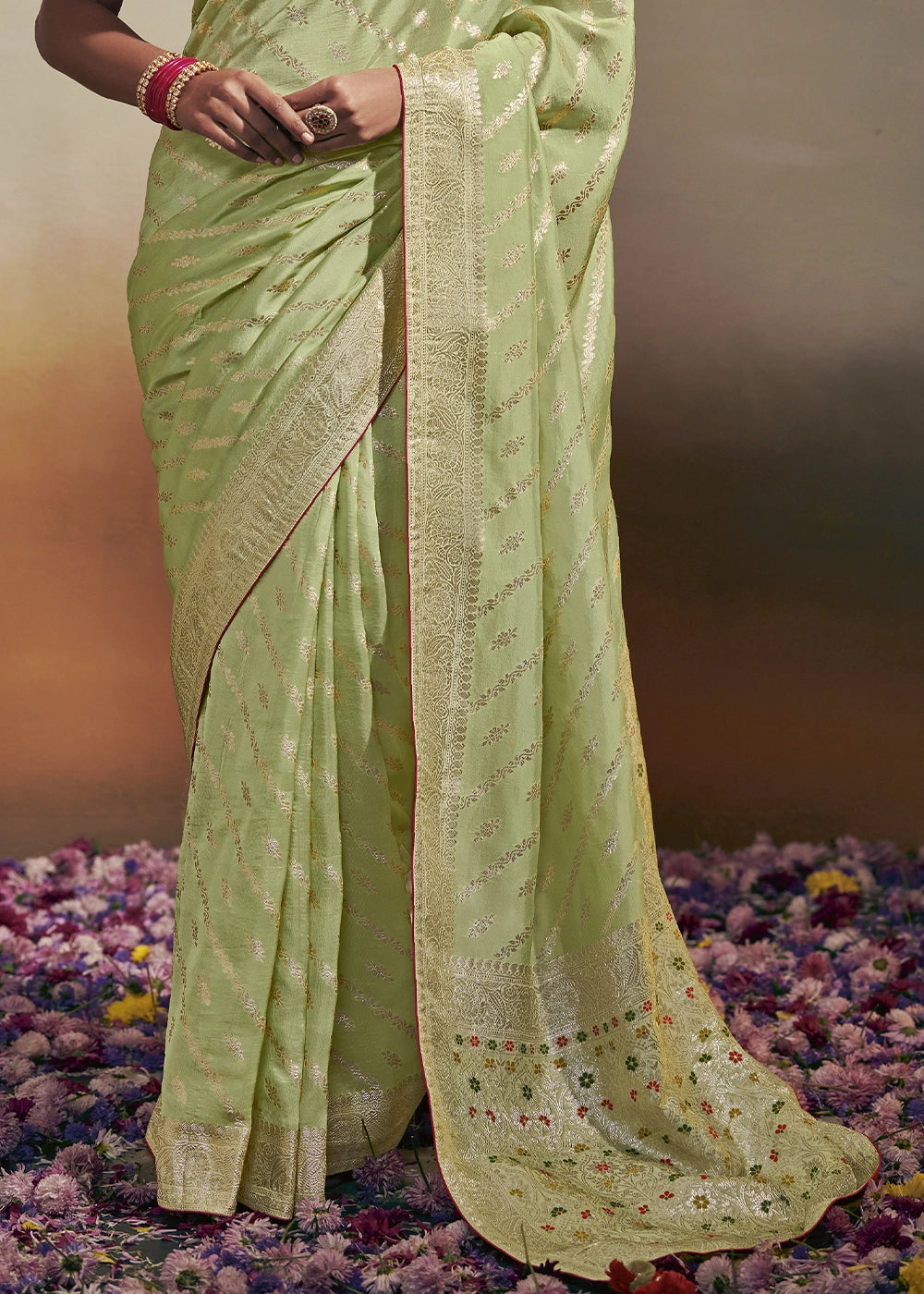 Tea Green Zari Woven Dola Silk Saree with Meenakari Pallu