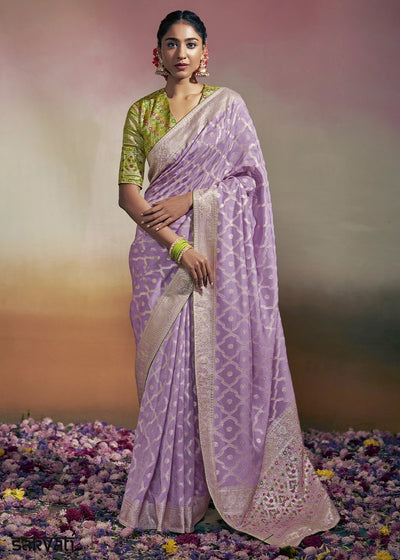 Lavender Purple Zari Woven Dola Silk Saree with Meenakari Pallu