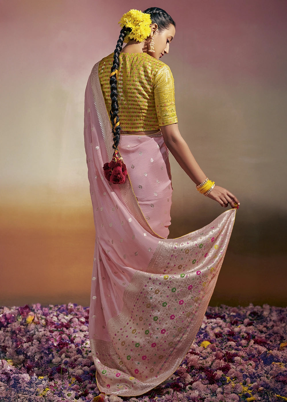 Light Pink Zari Woven Dola Silk Saree with Meenakari Pallu