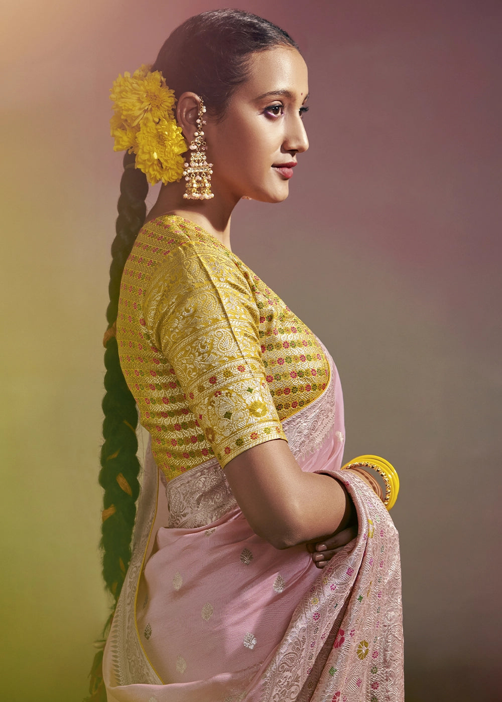 Light Pink Zari Woven Dola Silk Saree with Meenakari Pallu