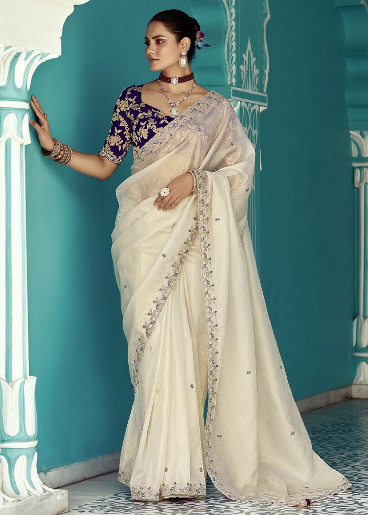 Cream White Tissue Silk Saree with Exquisite Embroidery