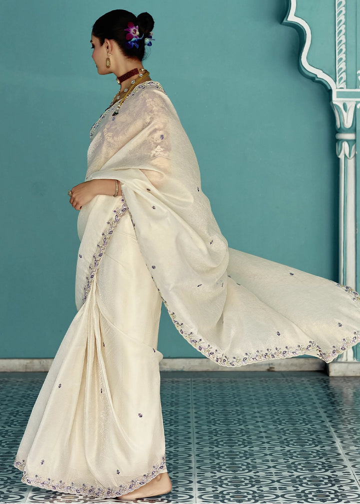 Cream White Tissue Silk Saree with Exquisite Embroidery