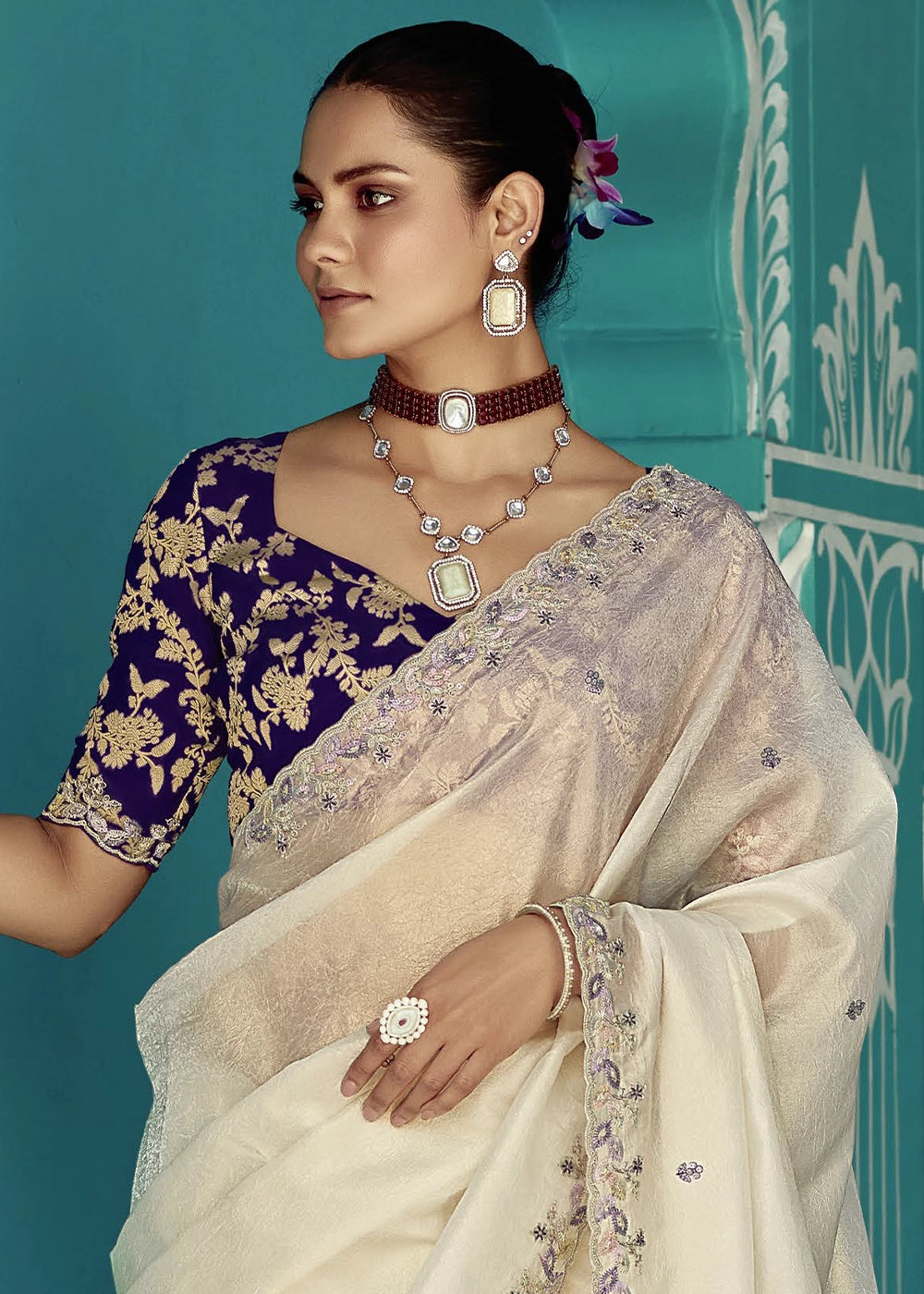 Cream White Tissue Silk Saree with Exquisite Embroidery