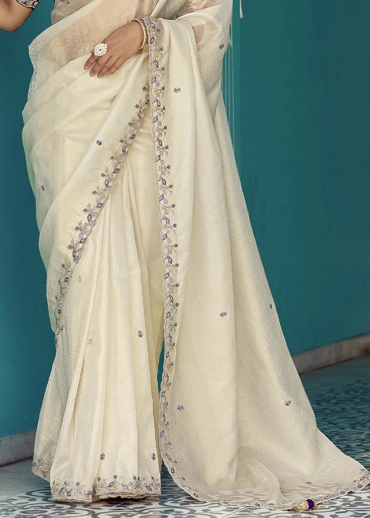 Cream White Tissue Silk Saree with Exquisite Embroidery