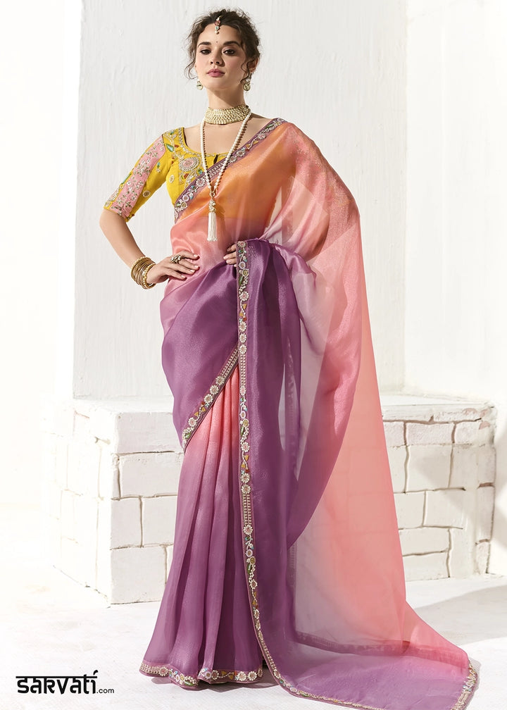 Pink & Purple Designer Tissue Organza Saree With All-Over Buttas And Hand Embroidered Blouse