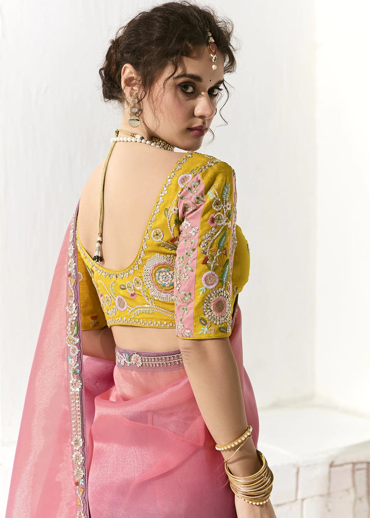 Pink & Purple Designer Tissue Organza Saree With All-Over Buttas And Hand Embroidered Blouse
