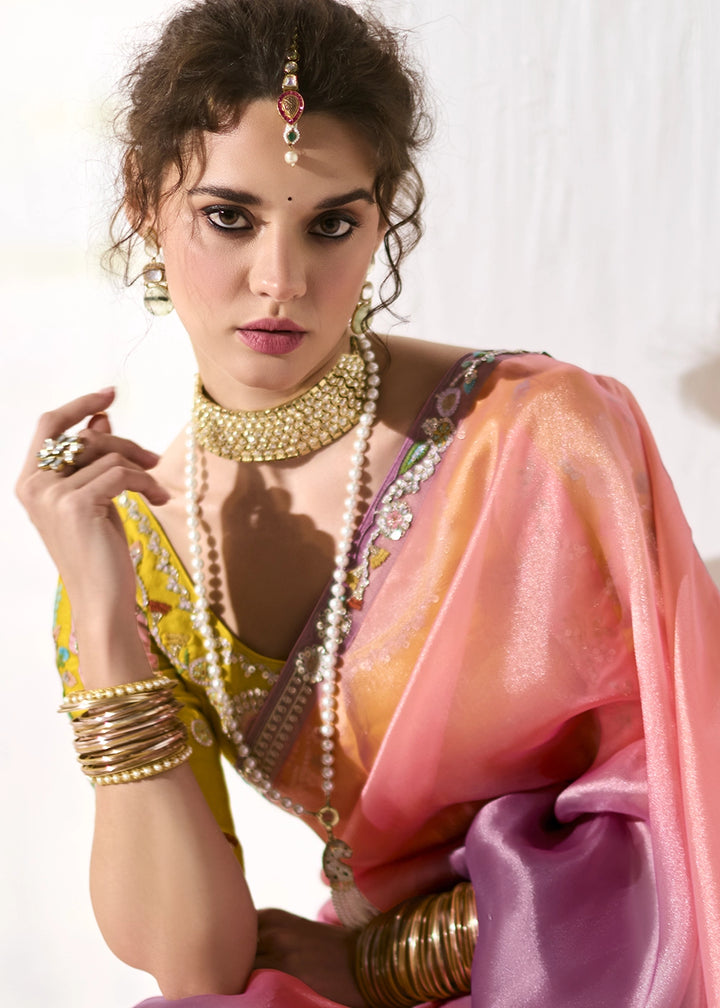 Pink & Purple Designer Tissue Organza Saree With All-Over Buttas And Hand Embroidered Blouse