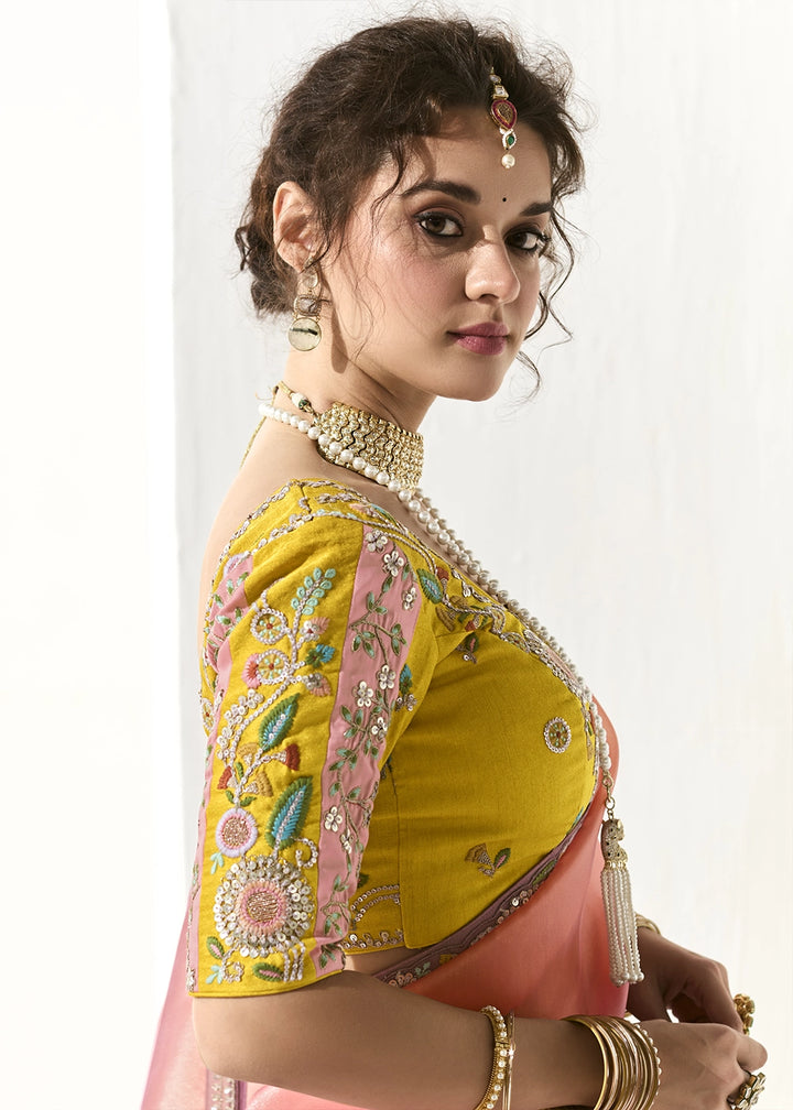 Pink & Purple Designer Tissue Organza Saree With All-Over Buttas And Hand Embroidered Blouse