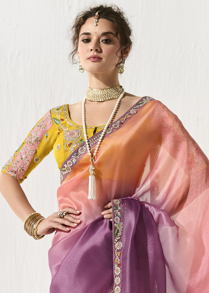 Pink & Purple Designer Tissue Organza Saree With All-Over Buttas And Hand Embroidered Blouse