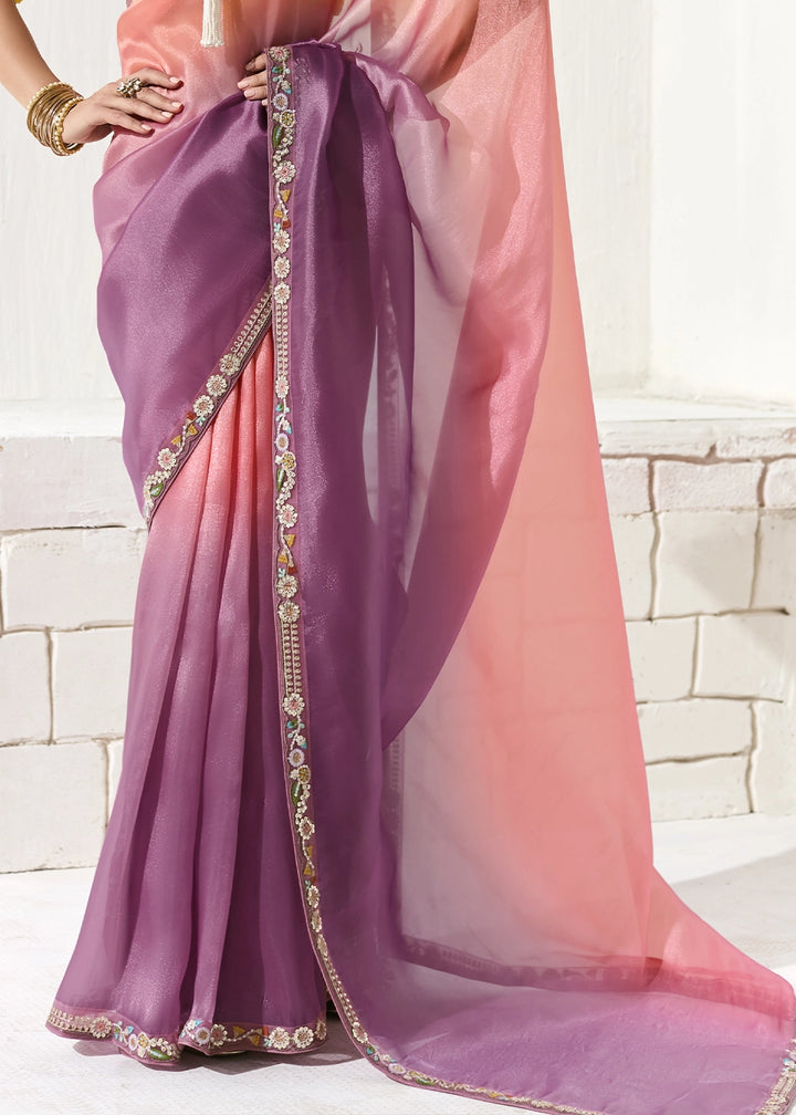 Pink & Purple Designer Tissue Organza Saree With All-Over Buttas And Hand Embroidered Blouse