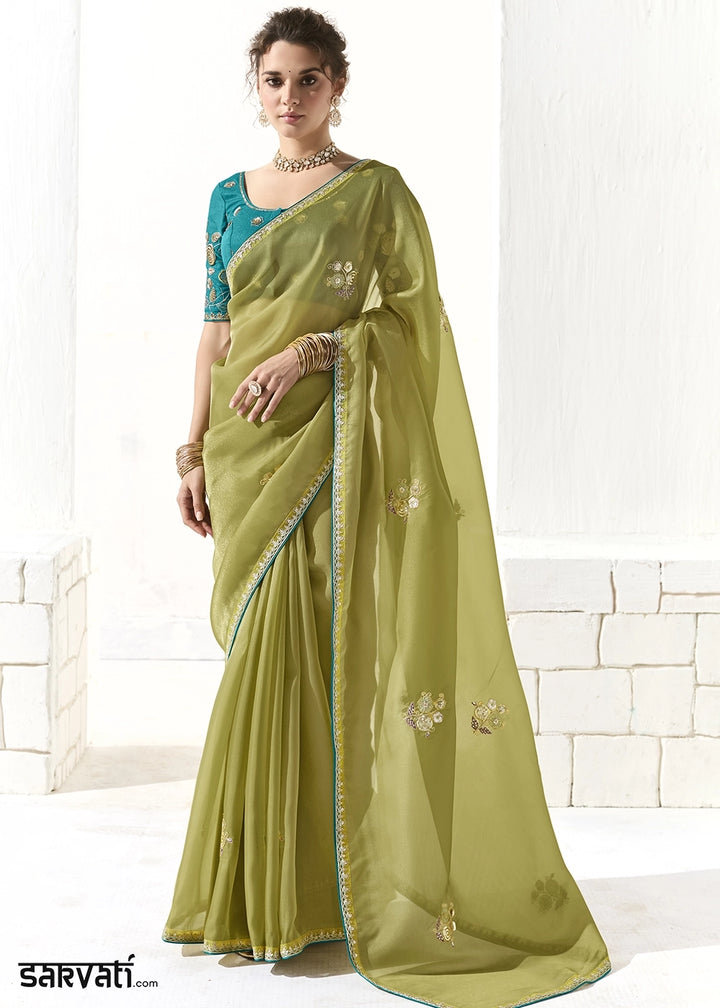 Olive Green Designer Tissue Organza Saree With All-Over Buttas And Hand Embroidered Blouse