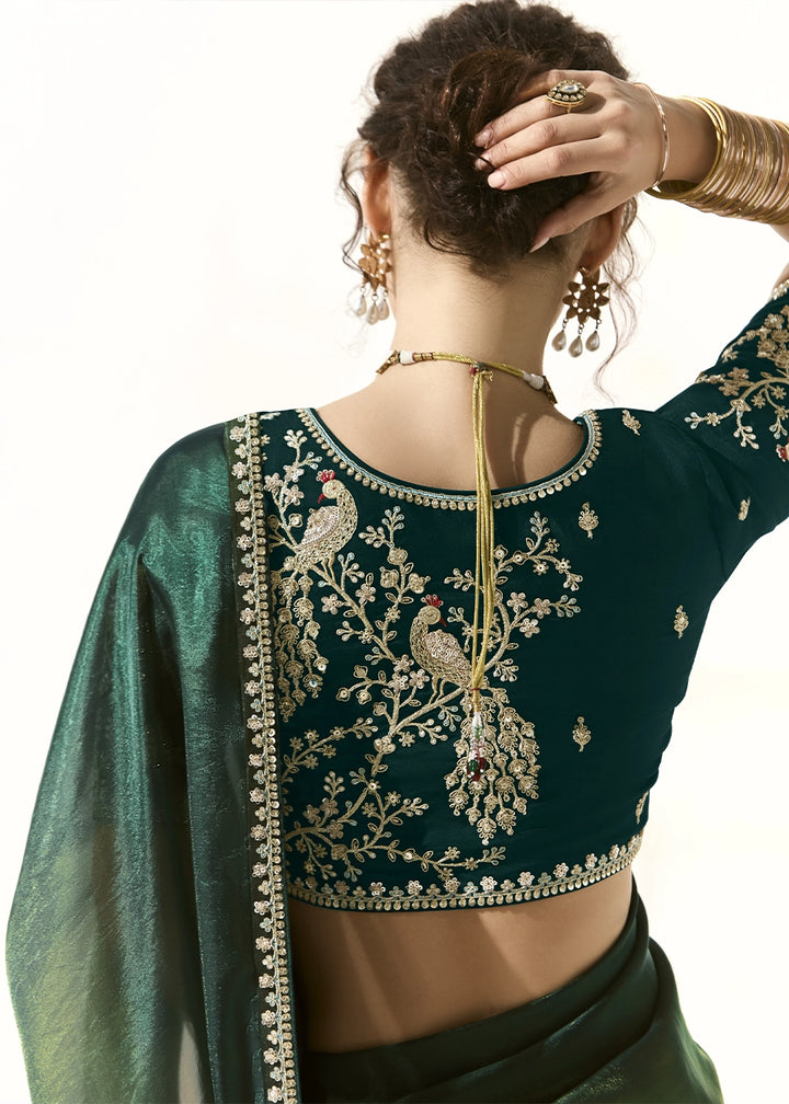 Sacramento Green Designer Tissue Organza Saree With All-Over Buttas And Hand Embroidered Blouse