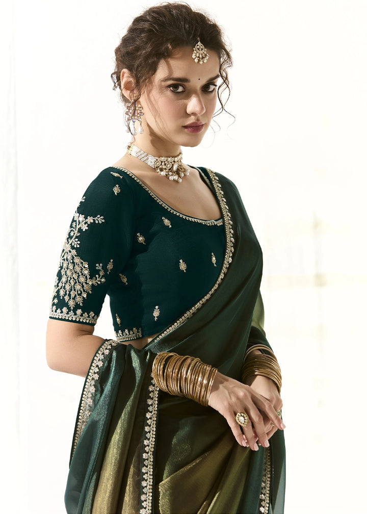Sacramento Green Designer Tissue Organza Saree With All-Over Buttas And Hand Embroidered Blouse