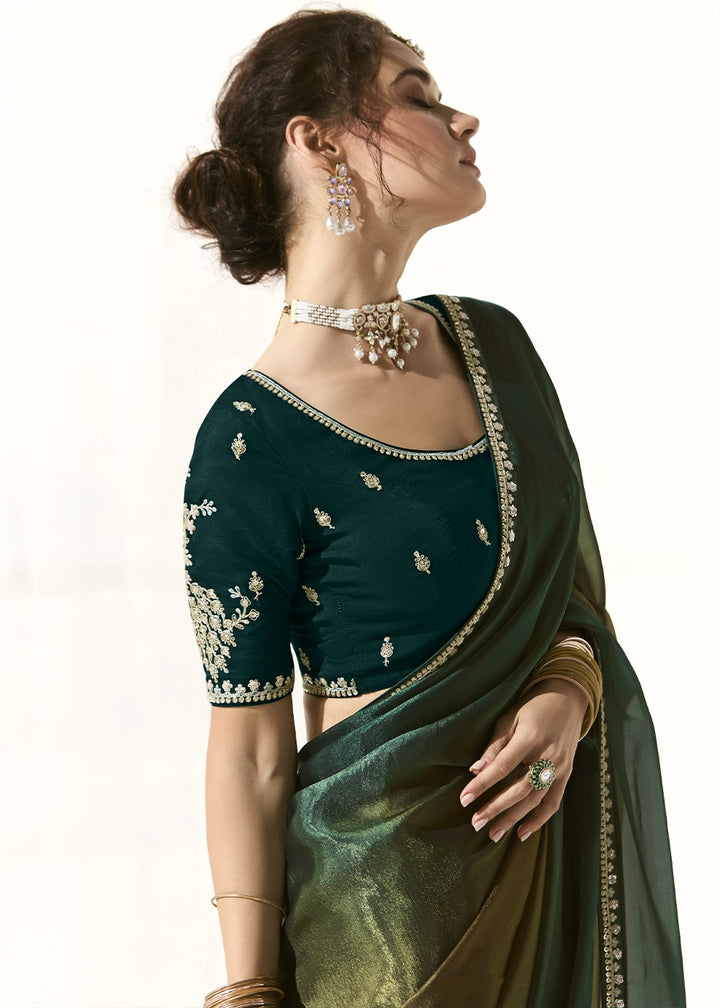 Sacramento Green Designer Tissue Organza Saree With All-Over Buttas And Hand Embroidered Blouse