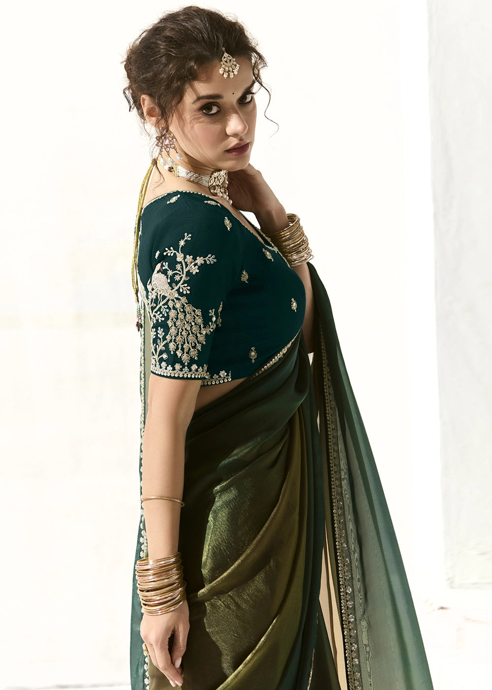Sacramento Green Designer Tissue Organza Saree With All-Over Buttas And Hand Embroidered Blouse