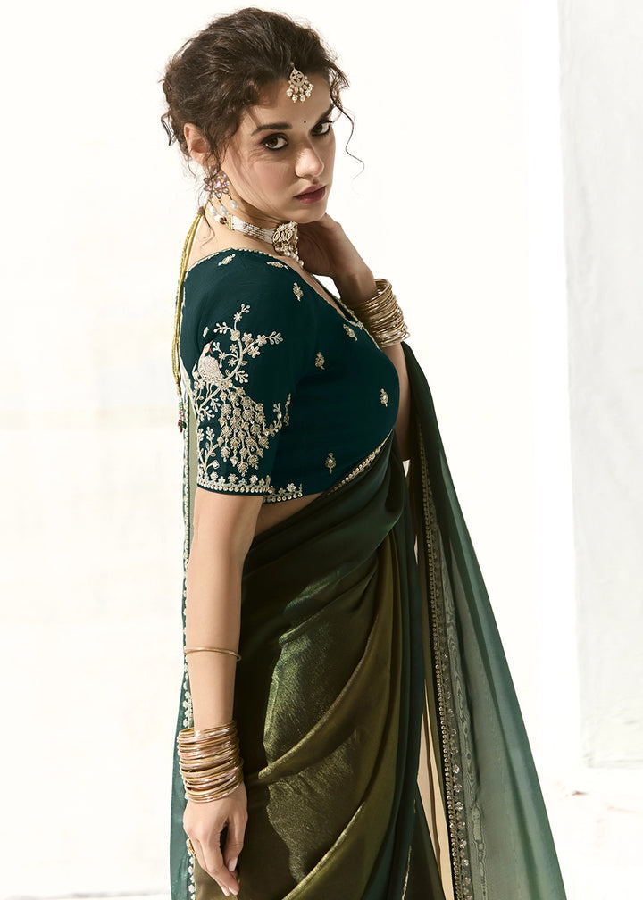 Sacramento Green Designer Tissue Organza Saree With All-Over Buttas And Hand Embroidered Blouse