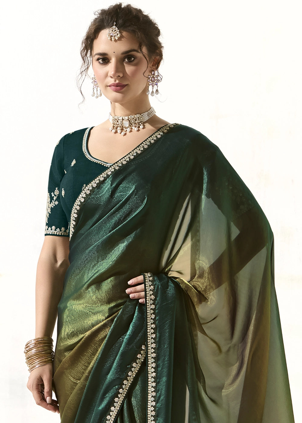 Sacramento Green Designer Tissue Organza Saree With All-Over Buttas And Hand Embroidered Blouse