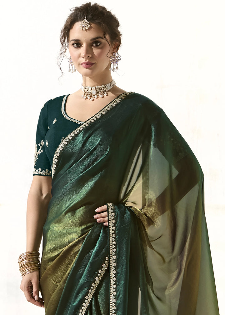 Sacramento Green Designer Tissue Organza Saree With All-Over Buttas And Hand Embroidered Blouse