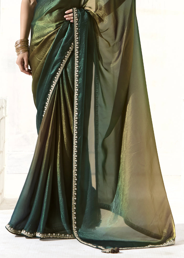 Sacramento Green Designer Tissue Organza Saree With All-Over Buttas And Hand Embroidered Blouse